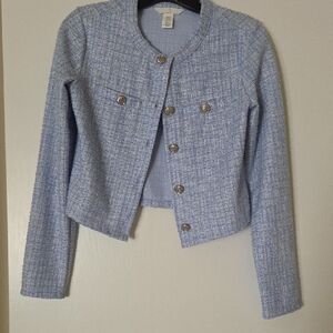 H&M Light Blue Tweed Cropped Chain-Button Jacket